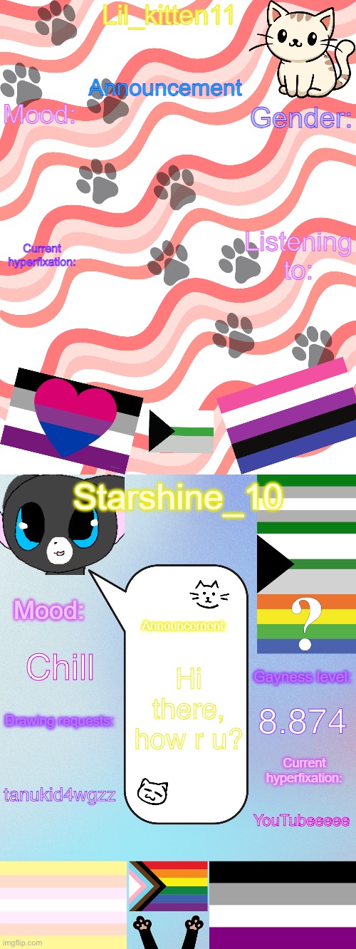 Hi! | Chill; Hi there, how r u? 8.874; tanukid4wgzz; YouTubeeeee | image tagged in lil_kitten11/starshine_10 shared announcement temp | made w/ Imgflip meme maker