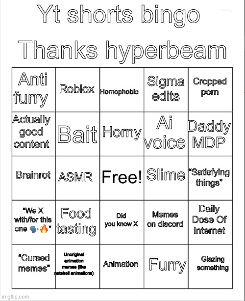 Yt shorts bingo Blank Meme Template