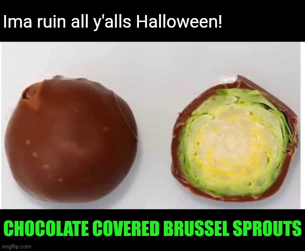 Trick or Trick | Ima ruin all y'alls Halloween! CHOCOLATE COVERED BRUSSEL SPROUTS | image tagged in trick or treat,chocolate,brussel sprouts,halloween memes | made w/ Imgflip meme maker