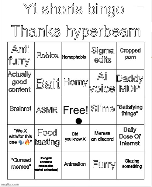I don't watch yt shorts | image tagged in yt shorts bingo | made w/ Imgflip meme maker