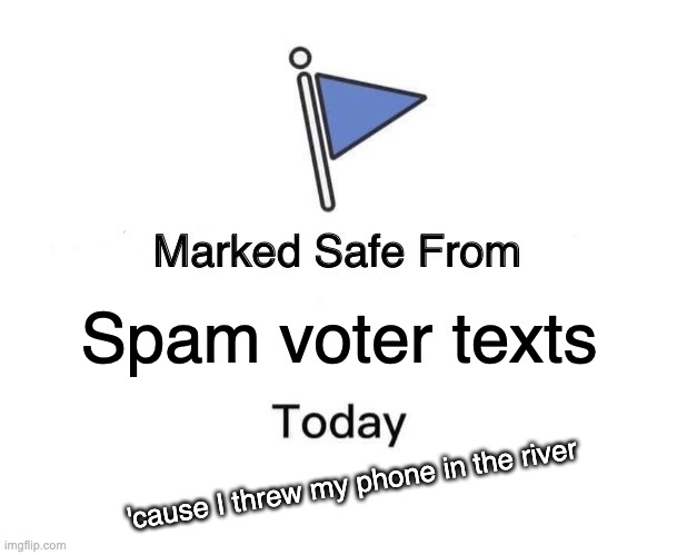 Marked Safe From | Spam voter texts; 'cause I threw my phone in the river | image tagged in memes,marked safe from | made w/ Imgflip meme maker