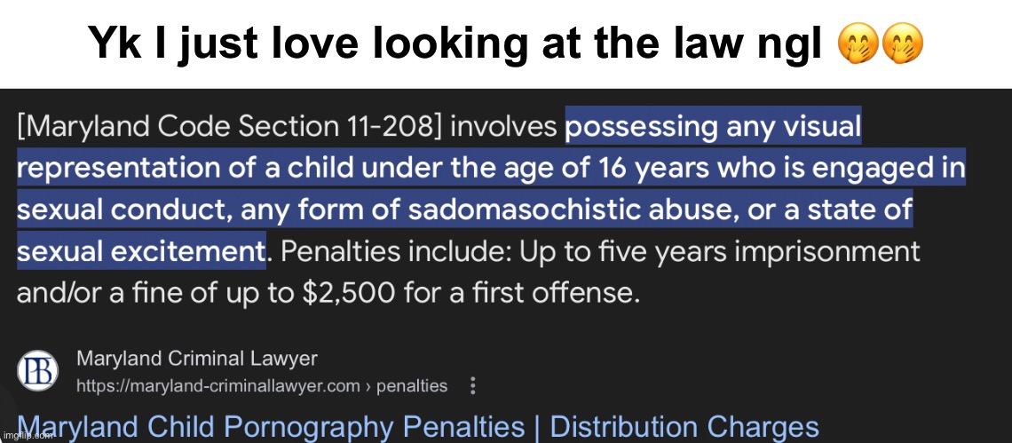 @to all the weirdos out there, https://maryland-criminallawyer.com/maryland-sex-crimes-lawyer/child-pornography/penalties/#:~:te | Yk I just love looking at the law ngl 🤭🤭 | made w/ Imgflip meme maker