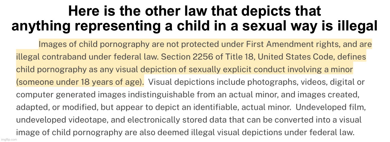 https://www.justice.gov/criminal/criminal-ceos/citizens-guide-us-federal-law-child-pornography#:~:text=Images%20of%20child%20por | Here is the other law that depicts that anything representing a child in a sexual way is illegal | made w/ Imgflip meme maker