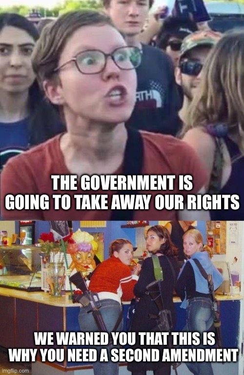 THE GOVERNMENT IS GOING TO TAKE AWAY OUR RIGHTS; WE WARNED YOU THAT THIS IS WHY YOU NEED A SECOND AMENDMENT | image tagged in angry liberal,girls women chicks with guns ar rifle fight,abortion,politics,political meme | made w/ Imgflip meme maker