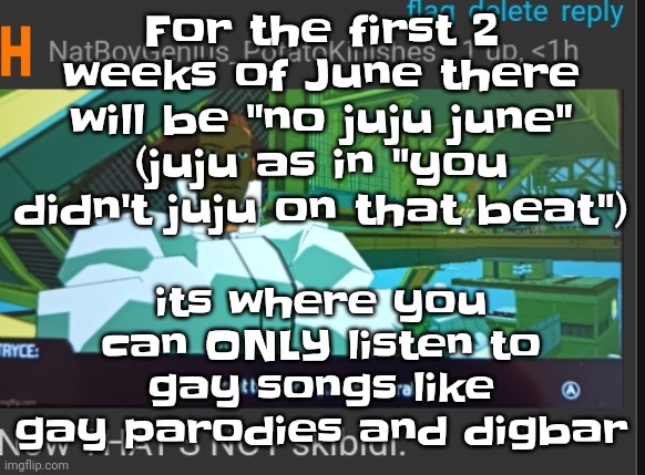 It's like pride month minus the cringe and plus the funni | For the first 2 weeks of June there will be "no juju june" (juju as in "you didn't juju on that beat"); its where you can ONLY listen to gay songs like gay parodies and digbar | image tagged in now that's not skibidi | made w/ Imgflip meme maker
