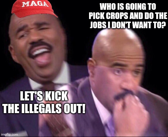 Maga whaaaaaat? | WHO IS GOING TO PICK CROPS AND DO THE JOBS I DON'T WANT TO? LET'S KICK THE ILLEGALS OUT! | image tagged in conservative,maga,trump,nevertrump meme,illegal immigration,kamala harris | made w/ Imgflip meme maker