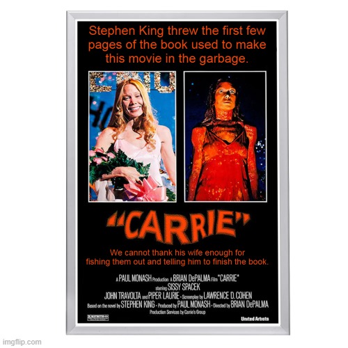 Inspiring Facts Behind A Scary Story | image tagged in stephen king,carrie,movie poster,sissy spacek,prom queen,carrie white | made w/ Imgflip meme maker