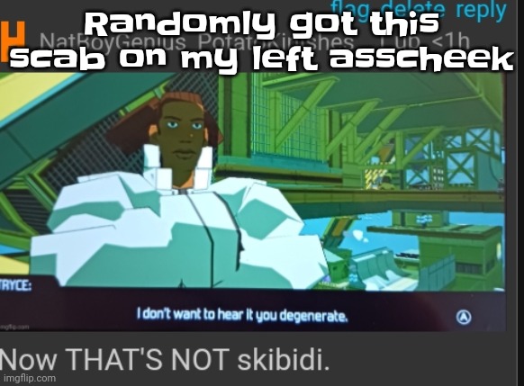 Why tf does that happen | Randomly got this scab on my left asscheek | image tagged in now that's not skibidi | made w/ Imgflip meme maker