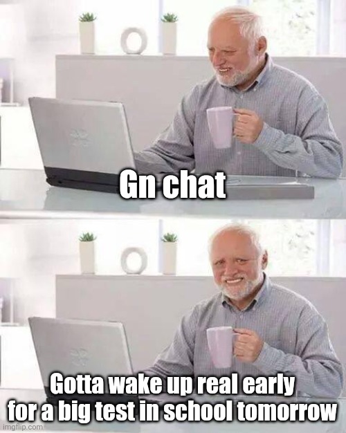 pain (at least I'll have more leisure time after finishing it) | Gn chat; Gotta wake up real early for a big test in school tomorrow | image tagged in memes,hide the pain harold,pain | made w/ Imgflip meme maker