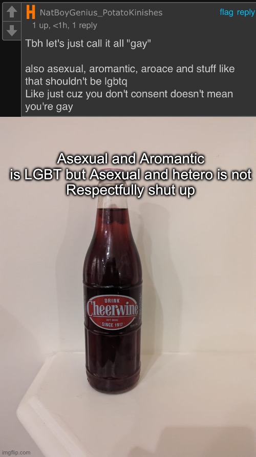 Asexual and Aromantic is LGBT but Asexual and hetero is not
Respectfully shut up | image tagged in cheerwine | made w/ Imgflip meme maker