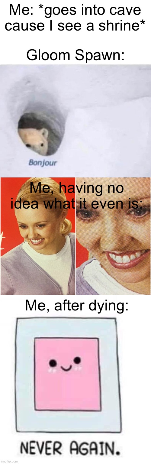 Tip: if it grabs you and you can’t get away, you can open the map and actually teleport out of it’s grasp | Me: *goes into cave cause I see a shrine*; Gloom Spawn:; Me, having no idea what it even is:; Me, after dying: | image tagged in bonjour,wait what,never again | made w/ Imgflip meme maker