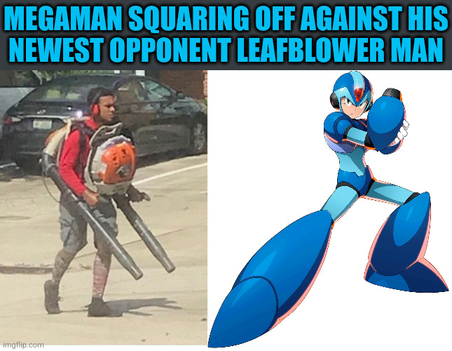 MEGAMAN SQUARING OFF AGAINST HIS
NEWEST OPPONENT LEAFBLOWER MAN | image tagged in leaf blower god,megaman x | made w/ Imgflip meme maker