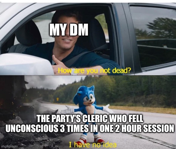 True story | MY DM; THE PARTY’S CLERIC WHO FELL UNCONSCIOUS 3 TIMES IN ONE 2 HOUR SESSION | image tagged in sonic how are you not dead | made w/ Imgflip meme maker