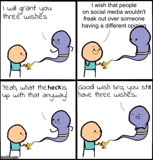 Twitter being the worst offenders, of course | I wish that people on social media wouldn't freak out over someone having a different opinion; heck | image tagged in 3 wishes,twitter,social media,immature | made w/ Imgflip meme maker