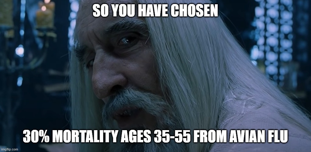 When I see Trump winning in 60% of polls | SO YOU HAVE CHOSEN; 30% MORTALITY AGES 35-55 FROM AVIAN FLU | image tagged in saruman sou you have chosen death | made w/ Imgflip meme maker