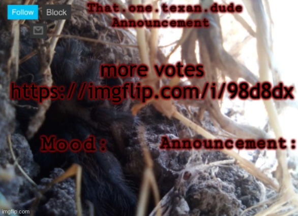 THE that.one.texan.dude announcement template | more votes
https://imgflip.com/i/98d8dx | image tagged in the that one texan dude announcement template | made w/ Imgflip meme maker