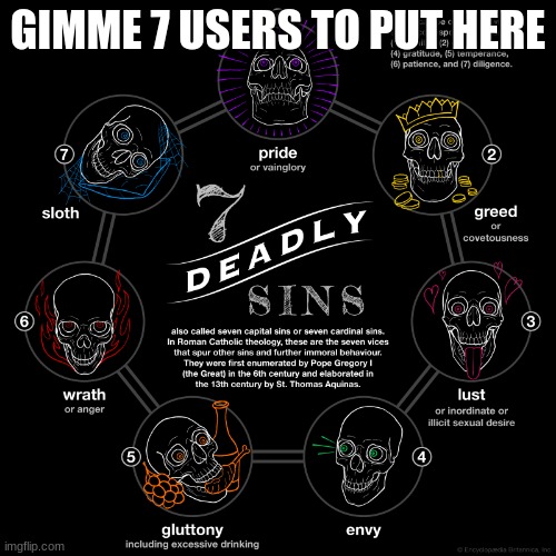 The seven deadly sins | GIMME 7 USERS TO PUT HERE | image tagged in the seven deadly sins | made w/ Imgflip meme maker