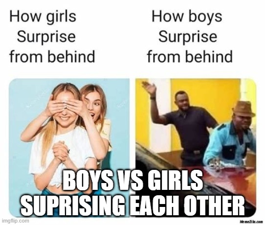 Suprise | BOYS VS GIRLS SUPRISING EACH OTHER | image tagged in boys vs girls | made w/ Imgflip meme maker