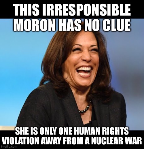 Kamala Laughing | THIS IRRESPONSIBLE MORON HAS NO CLUE; SHE IS ONLY ONE HUMAN RIGHTS VIOLATION AWAY FROM A NUCLEAR WAR | image tagged in kamala laughing | made w/ Imgflip meme maker