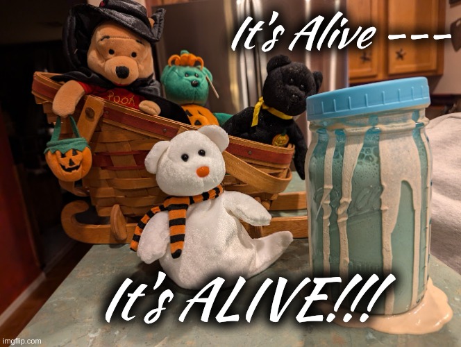 Halloween Sourdough | It's Alive ---; It's ALIVE!!! | image tagged in sourdough starter,it's alive,creepy sourdough | made w/ Imgflip meme maker