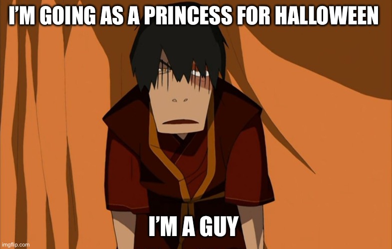 Zuko Flustered | I’M GOING AS A PRINCESS FOR HALLOWEEN; I’M A GUY | image tagged in zuko flustered | made w/ Imgflip meme maker