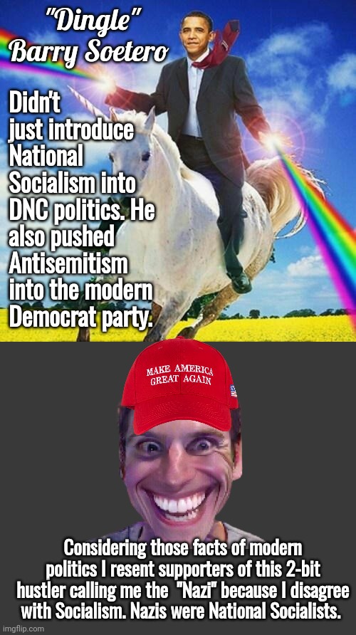 Who's the real Nazi? Barry Soetero | "Dingle" Barry Soetero; Didn't just introduce National Socialism into DNC politics. He also pushed Antisemitism into the modern Democrat party. Considering those facts of modern politics I resent supporters of this 2-bit hustler calling me the  "Nazi" because I disagree with Socialism. Nazis were National Socialists. | image tagged in barry soetero riding a unicorn,blank no watermark | made w/ Imgflip meme maker