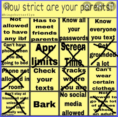 Strict parent bingo | image tagged in strict parent bingo | made w/ Imgflip meme maker