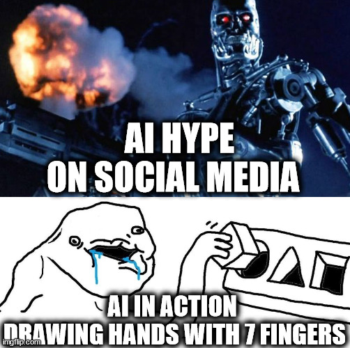 AI In 2024 Be Like | AI HYPE ON SOCIAL MEDIA; AI IN ACTION 
DRAWING HANDS WITH 7 FINGERS | image tagged in ai,fun,7 fingers | made w/ Imgflip meme maker