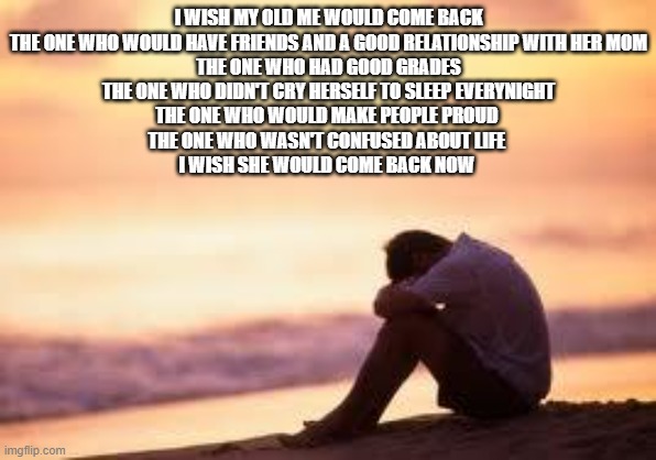 *sigh* | I WISH MY OLD ME WOULD COME BACK
THE ONE WHO WOULD HAVE FRIENDS AND A GOOD RELATIONSHIP WITH HER MOM
THE ONE WHO HAD GOOD GRADES
THE ONE WHO DIDN'T CRY HERSELF TO SLEEP EVERYNIGHT
THE ONE WHO WOULD MAKE PEOPLE PROUD 
THE ONE WHO WASN'T CONFUSED ABOUT LIFE 
I WISH SHE WOULD COME BACK NOW | image tagged in sad guy on the beach | made w/ Imgflip meme maker