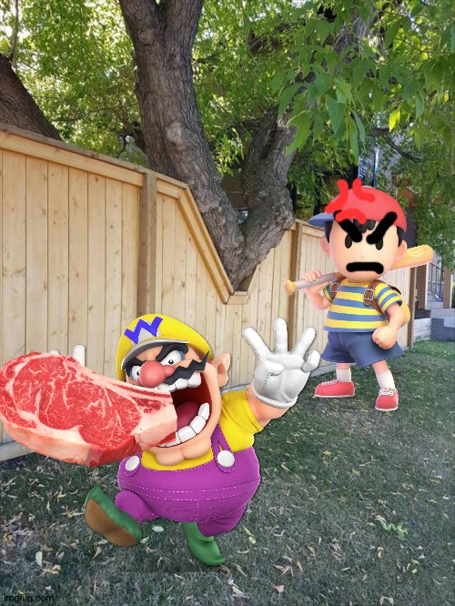 Wario dies by stealing Ness's steak | image tagged in fence,earthbound,wario,wario dies,crossover | made w/ Imgflip meme maker