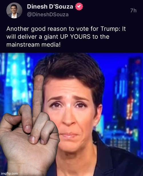 Up yours, Madcow | image tagged in rachel maddow crying,middle finger | made w/ Imgflip meme maker