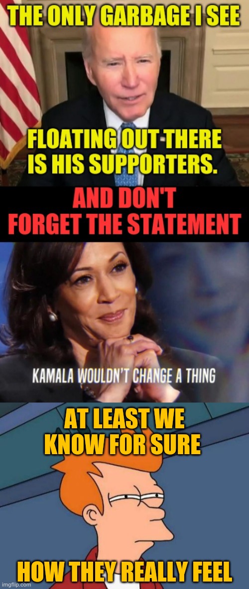 At Least We Know For Sure How They Really Feel | AT LEAST WE KNOW FOR SURE; HOW THEY REALLY FEEL | image tagged in memes,futurama fry,trump supporter,trash,kamala harris,wouldn't change a thing | made w/ Imgflip meme maker