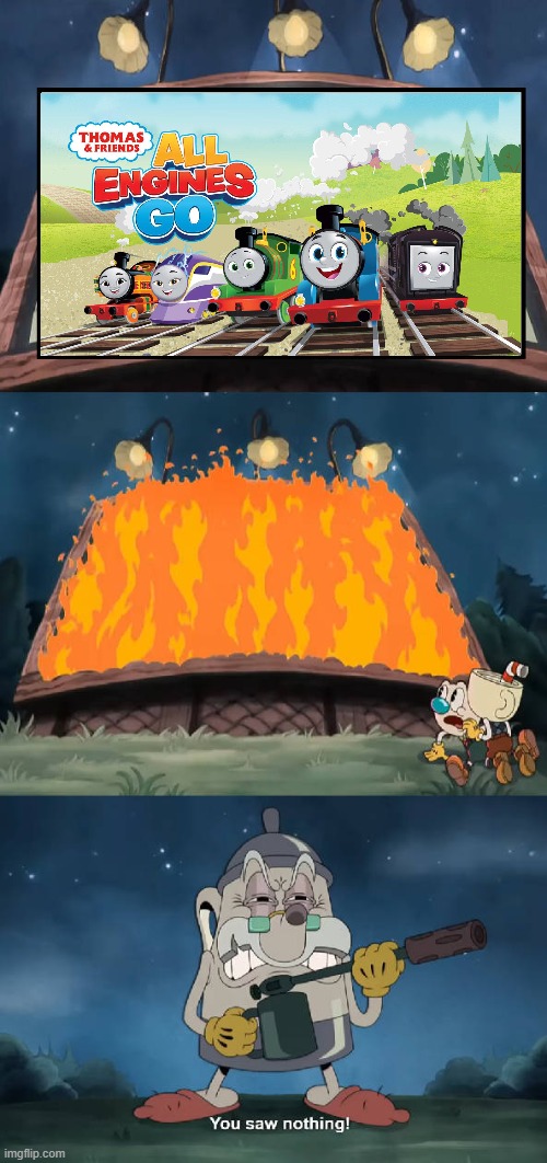 Elder Kettle burns Thomas & Friends: All Engines Go! | image tagged in all engines go sucks | made w/ Imgflip meme maker