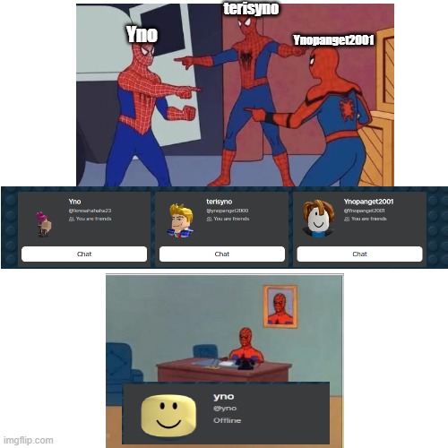 No.. | terisyno; Yno; Ynopanget2001 | image tagged in spiderman,spiderman pointing at spiderman,3 spiderman pointing | made w/ Imgflip meme maker