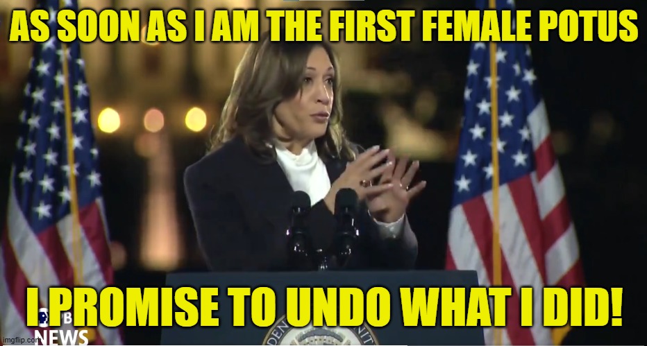 Believe all women | AS SOON AS I AM THE FIRST FEMALE POTUS; I PROMISE TO UNDO WHAT I DID! | image tagged in believe me,kamala harris,double standard,maga,make america great again,dementia | made w/ Imgflip meme maker