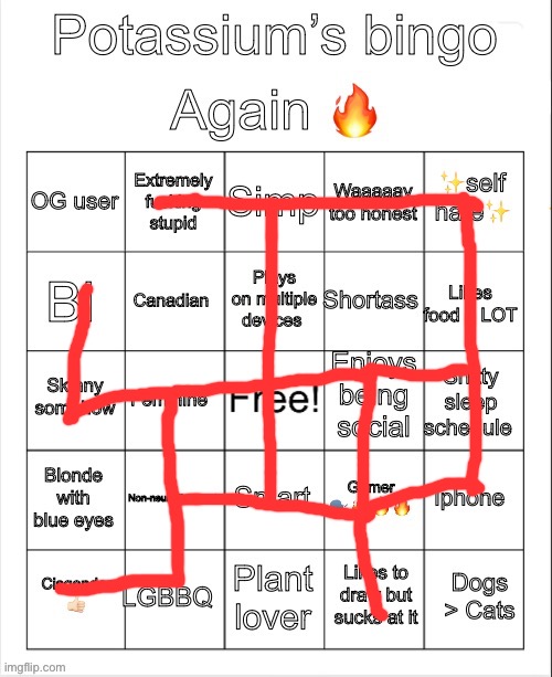 I’ve never been so close to a bingo | image tagged in potassium bingo v4 | made w/ Imgflip meme maker