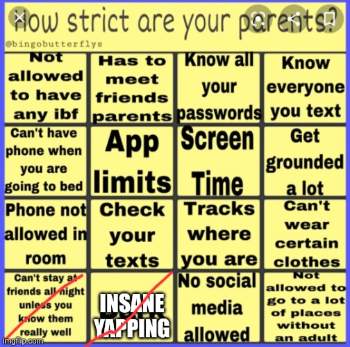 And bro will still say my mom wants too much of our privacy :pensive: | INSANE YAPPING | image tagged in strict parent bingo | made w/ Imgflip meme maker