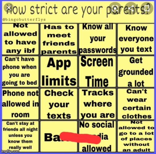 Strict parent bingo | image tagged in strict parent bingo | made w/ Imgflip meme maker