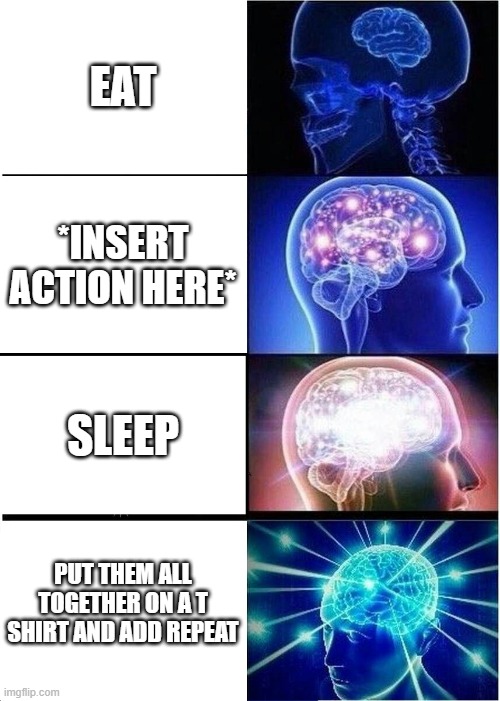 30% of t shirts | EAT; *INSERT ACTION HERE*; SLEEP; PUT THEM ALL TOGETHER ON A T SHIRT AND ADD REPEAT | image tagged in memes,expanding brain | made w/ Imgflip meme maker