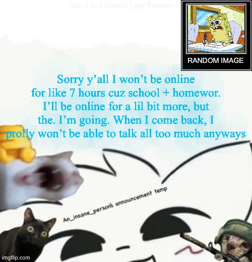 My lil announcement | Sorry y’all I won’t be online for like 7 hours cuz school + homewor. I’ll be online for a lil bit more, but the. I’m going. When I come back, I prolly won’t be able to talk all too much anyways | image tagged in my lil announcement | made w/ Imgflip meme maker