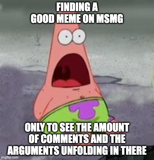 Suprised Patrick | FINDING A GOOD MEME ON MSMG; ONLY TO SEE THE AMOUNT OF COMMENTS AND THE ARGUMENTS UNFOLDING IN THERE | image tagged in suprised patrick | made w/ Imgflip meme maker