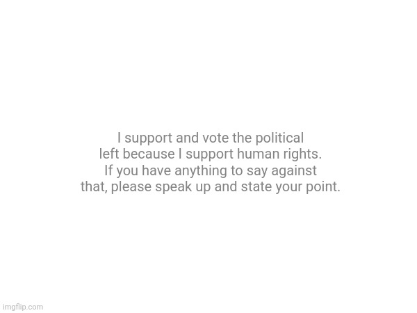 Go ahead. | I support and vote the political left because I support human rights. If you have anything to say against that, please speak up and state your point. | image tagged in opinion | made w/ Imgflip meme maker