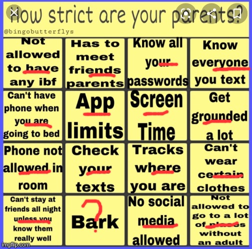 Strict parent bingo | image tagged in strict parent bingo | made w/ Imgflip meme maker