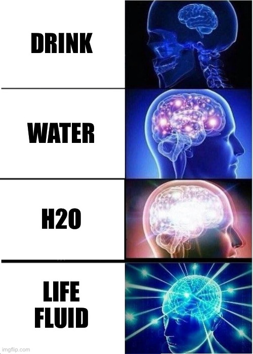 LIFE LIQUIDDDDD | DRINK; WATER; H2O; LIFE FLUID | image tagged in memes,expanding brain | made w/ Imgflip meme maker