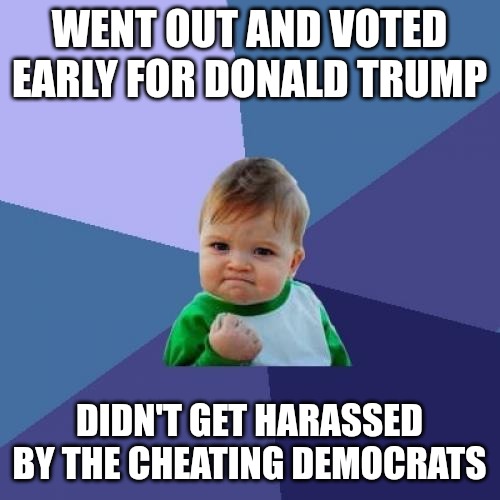 Thank God I live in an 80% red county. There is election fraud going on all over the country though. Illegal activities. | WENT OUT AND VOTED EARLY FOR DONALD TRUMP; DIDN'T GET HARASSED BY THE CHEATING DEMOCRATS | image tagged in memes,success kid,democrats,illegal | made w/ Imgflip meme maker