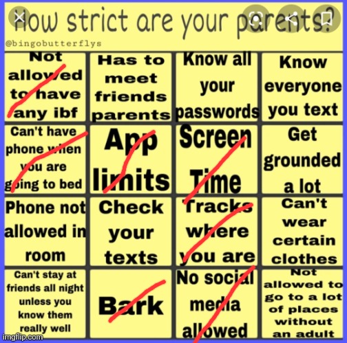 Replace bark with mmguardian and also I can have yt that's the only exception (I have the rare set of parents that will let you  | image tagged in strict parent bingo,tag | made w/ Imgflip meme maker