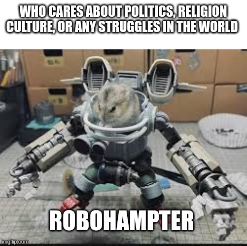 Robo hampter | WHO CARES ABOUT POLITICS, RELIGION CULTURE, OR ANY STRUGGLES IN THE WORLD; ROBOHAMPTER | image tagged in robo hampter | made w/ Imgflip meme maker