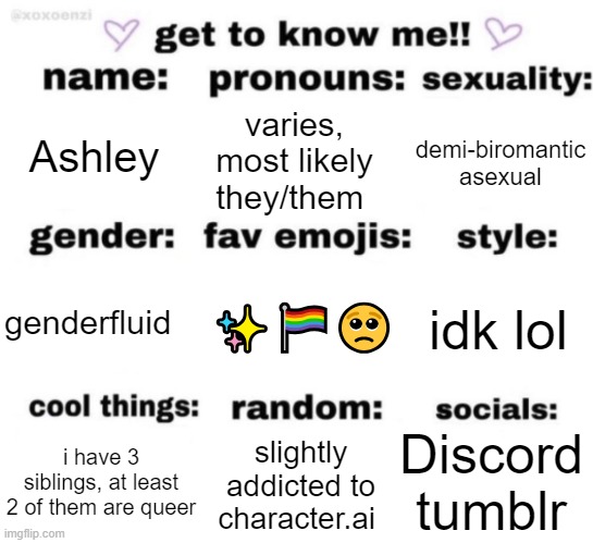 get to know me but better | Ashley; varies, most likely they/them; demi-biromantic asexual; ✨🏳‍🌈🥺; idk lol; genderfluid; Discord
tumblr; slightly addicted to character.ai; i have 3 siblings, at least 2 of them are queer | image tagged in get to know me but better | made w/ Imgflip meme maker