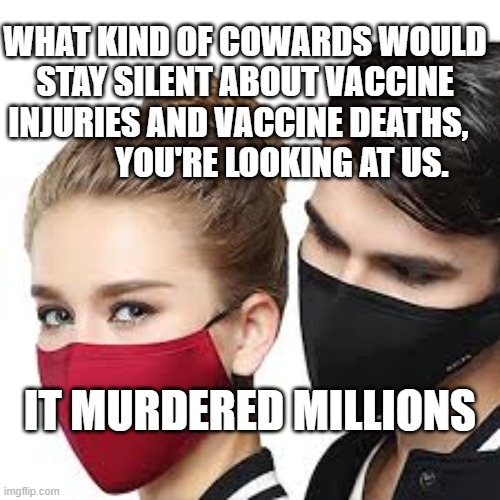 Mask Couple | WHAT KIND OF COWARDS WOULD STAY SILENT ABOUT VACCINE INJURIES AND VACCINE DEATHS,               YOU'RE LOOKING AT US. IT MURDERED MILLIONS | image tagged in mask couple | made w/ Imgflip meme maker