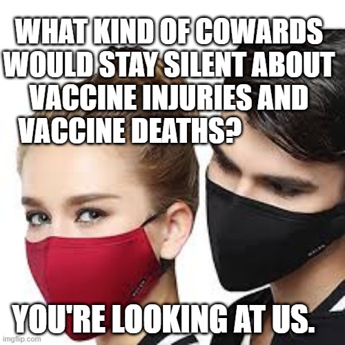 Mask Couple | WHAT KIND OF COWARDS WOULD STAY SILENT ABOUT VACCINE INJURIES AND VACCINE DEATHS? YOU'RE LOOKING AT US. | image tagged in mask couple | made w/ Imgflip meme maker